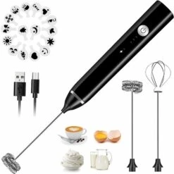 Mousseur à Lait électrique Portable Rechargeable Avec Fouet En Acier Inoxydable 3 Vitesses Pour Café, Latte, Cappuccino, Chocolat Chaud Noir 16 Pièces Supplémentaires
