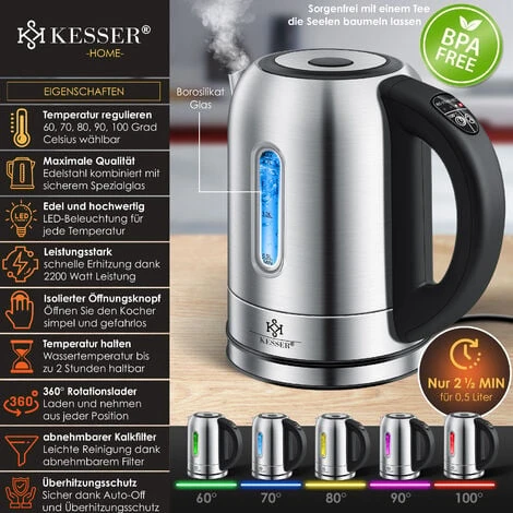 KESSER® Bouilloire En Acier Inoxydable 1,7 litre 2 200 W Avec Sélection De La Température Fonction De Maintien Au Chaud, Argent – Image 2