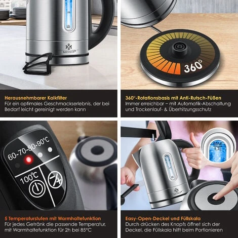 KESSER® Bouilloire En Acier Inoxydable 1,7 litre 2 200 W Avec Sélection De La Température Fonction De Maintien Au Chaud, Argent – Image 3