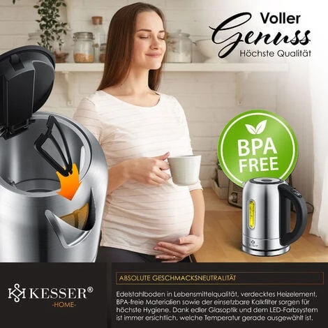 KESSER® Bouilloire En Acier Inoxydable 1,7 litre 2 200 W Avec Sélection De La Température Fonction De Maintien Au Chaud, Argent – Image 4