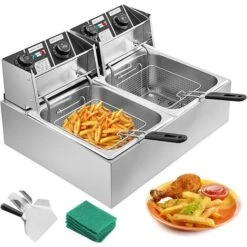 Friteuse Double Electrique Professionnelle 2 Cuve Inox Frites 2 X 10L 5000W Acier - Pour Des Usages Commerciaux Restaurants Supermarchés Fast-foods Snack-bars