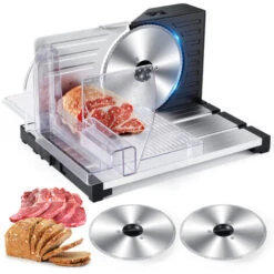 Trancheuse Electrique 190W Avec 2 Lames Epaisseur De Tranchage Reglable 0-18mm Avec Plateau De Rangement Alimentaire Pour L'agneau, Le Boeuf, Les Legumes, Les Fruits, Le Pain
