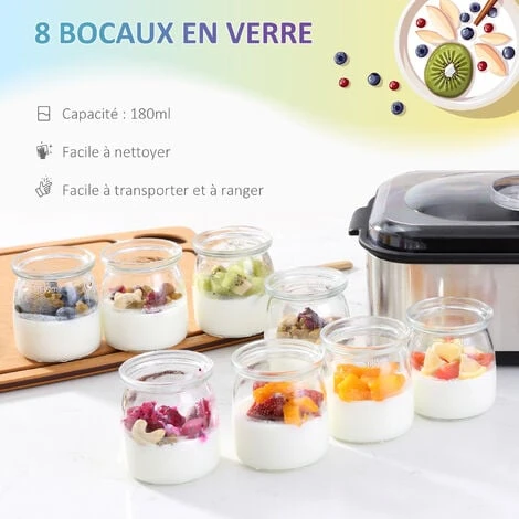 HOMCOM Yaourtière 8 Pots Inclus 180 Ml 30 W - Machine à Yaourt électrique - Timer, Thermostat, Affichage Numérique - Acier Inox. PP Noir Verre – Image 4