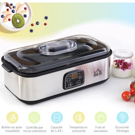 HOMCOM Yaourtière 8 Pots Inclus 180 Ml 30 W - Machine à Yaourt électrique - Timer, Thermostat, Affichage Numérique - Acier Inox. PP Noir Verre – Image 5