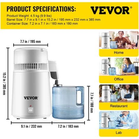 VEVOR 4 L Distillateur D'Eau 750 W Purificateur D'Eau Canon En Acier Inoxydable 304 Filtration D'Eau Pour Clinique Maison Salon – Image 2