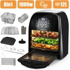 Jago® XXXL 8in1 Friteuse Sans Huile 12L + 10 Accessoires - 1800 W, 8 Programmes, Écran Tactile LED, Déshydrateur, Minuterie, Acier Inoxydable - à Air Chaud, Friteuse Électrique, Air Fryer