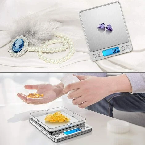 Balance De Précision 0,01g, 500g/0.01g Balance De Cuisine, Balances De Bijoux Avec Fonction Tare Et Compte, Balance De Poche Avec Écran LCD Rétroéclairé (Acier Inoxydable&Argent) – Image 2