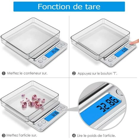 Balance De Précision 0,01g, 500g/0.01g Balance De Cuisine, Balances De Bijoux Avec Fonction Tare Et Compte, Balance De Poche Avec Écran LCD Rétroéclairé (Acier Inoxydable&Argent) – Image 3