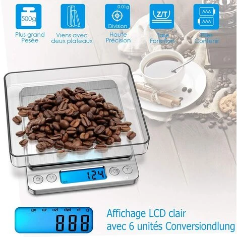 Balance De Précision 0,01g, 500g/0.01g Balance De Cuisine, Balances De Bijoux Avec Fonction Tare Et Compte, Balance De Poche Avec Écran LCD Rétroéclairé (Acier Inoxydable&Argent) – Image 4
