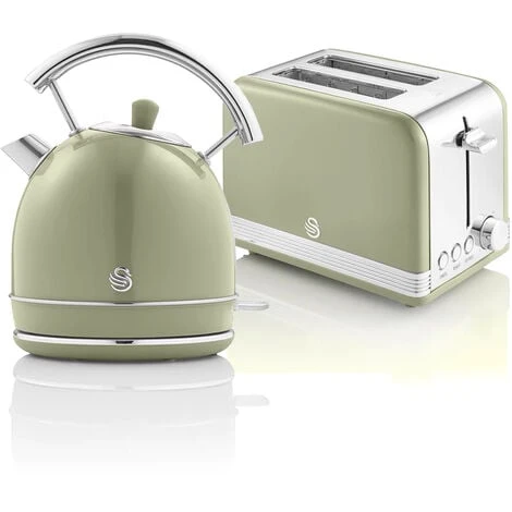 SWAN STP7050GNEU Retro Set Petit-Déjeuner Bouilloire 1,8L Sans Fil, Grille-Pain 2 Larges Tranches 850W Vert