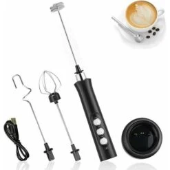 Mousseur à Lait Électrique Tenue à Main,3 En 1 Fouet Rechargeable USB,3 Vitesses Réglable Avec 3 Têtes D'agitateur En Acier Inoxydable Fouet Électrique Pour Latte,Cappuccino,œufs Battus,Café