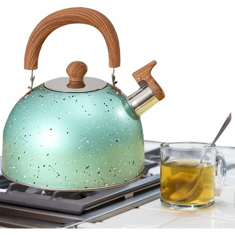 2 L Bouilloire Sifflante - Bouilloire Théière Sifflante -Théières Pour Cuisinière - Bouilloire à Sifflet En Acier Inoxydable Avec Poignée Anti-brûlure En Grain De Bois Vert