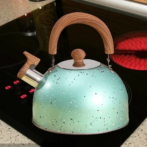 2 L Bouilloire Sifflante - Bouilloire Théière Sifflante -Théières Pour Cuisinière - Bouilloire à Sifflet En Acier Inoxydable Avec Poignée Anti-brûlure En Grain De Bois Vert – Image 2