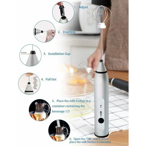 Mousseur à Lait, Mousseur à Café Portable, Mousseur électrique Rechargeable Avec 2 Fouets En Acier Inoxydable, Mélangeur à 3 Vitesses Pour Mousser Wan - Argent – Image 2