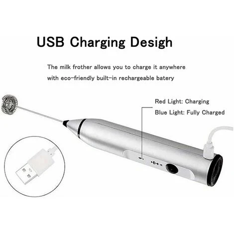 Mousseur à Lait, Mousseur à Café Portable, Mousseur électrique Rechargeable Avec 2 Fouets En Acier Inoxydable, Mélangeur à 3 Vitesses Pour Mousser Wan - Argent – Image 3