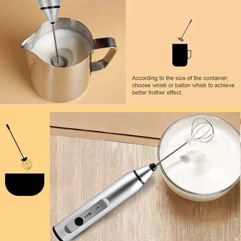 Mousseur à Lait, Mousseur à Café Portable, Mousseur électrique Rechargeable Avec 2 Fouets En Acier Inoxydable, Mélangeur à 3 Vitesses Pour Mousser Wan - Argent – Image 5